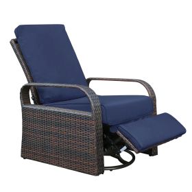 Outdoor Patio Rattan Wicker Swivel Recliner Chair;  Adjustable Reclining Chair 360° Rotating with Water Resistant Cushions (Color: Navy Blue)